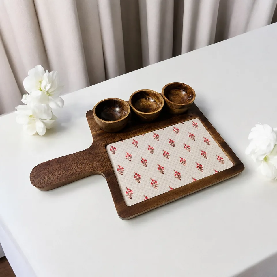 Rectangle Platter with 3 bowls - Red flowers mini