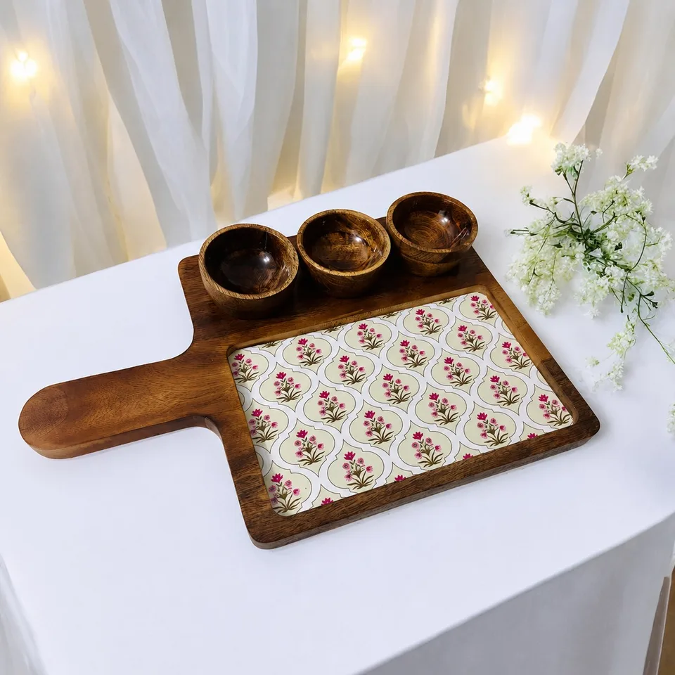 Rectangle Platter with 3 bowls - Pink Floral