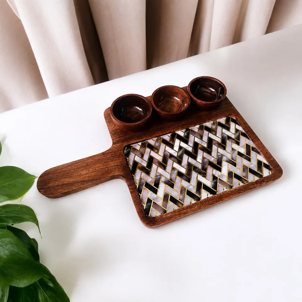 Rectangle Platter with 3 bowls - Black & White Zig Zag