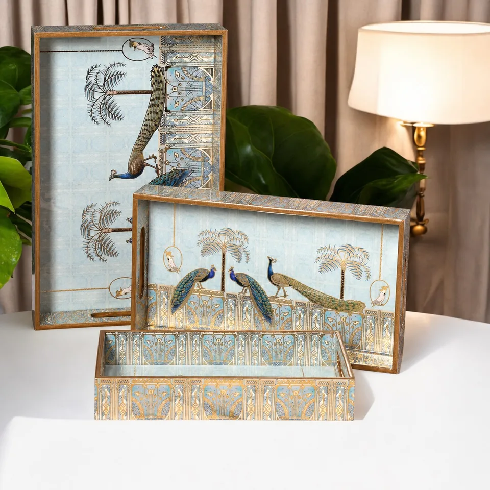 Rectangle Tray (Set of 3) - Peacock Design