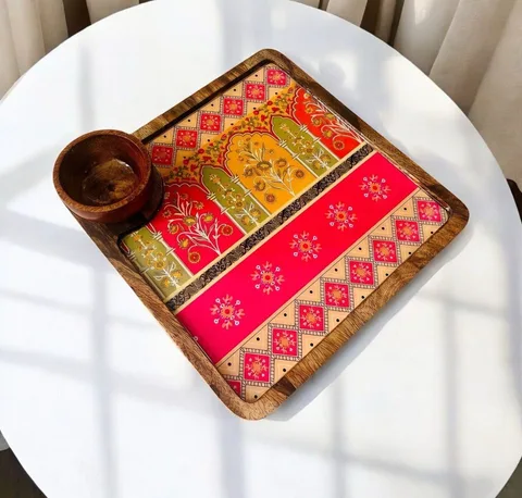 Square Platter with one bowl- Pink & Yellow