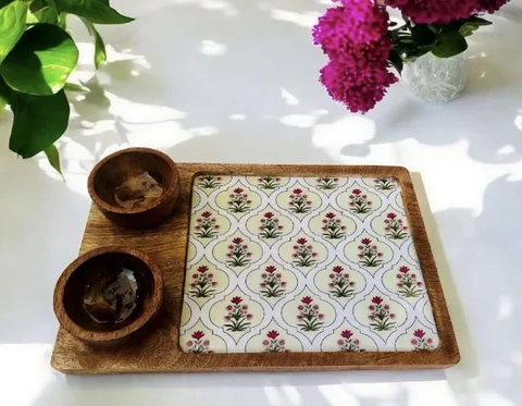 Rectangle Platter with 2 bowls - Red Floral