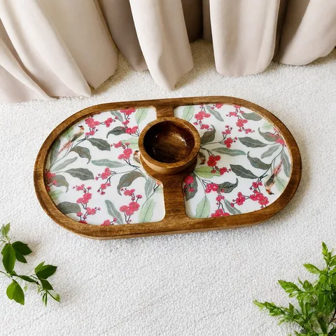Oval Platter with a Bowl - Red Flowers and Leaves