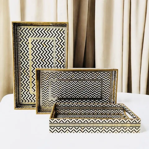 Rectangle Tray (Set of 3) - Black & White Zig Zag