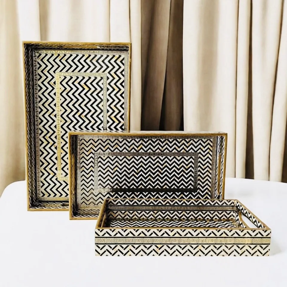 Rectangle Tray (Set of 3) - Black & White Zig Zag
