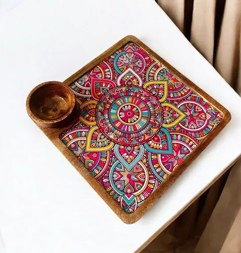 Square Platter with one bowl- Colorful mandala