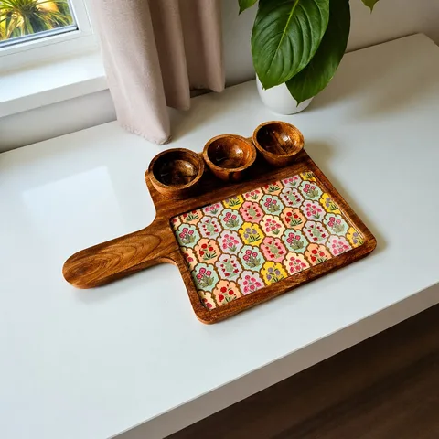 Rectangle Platter with 3 bowls - Colourful Floral