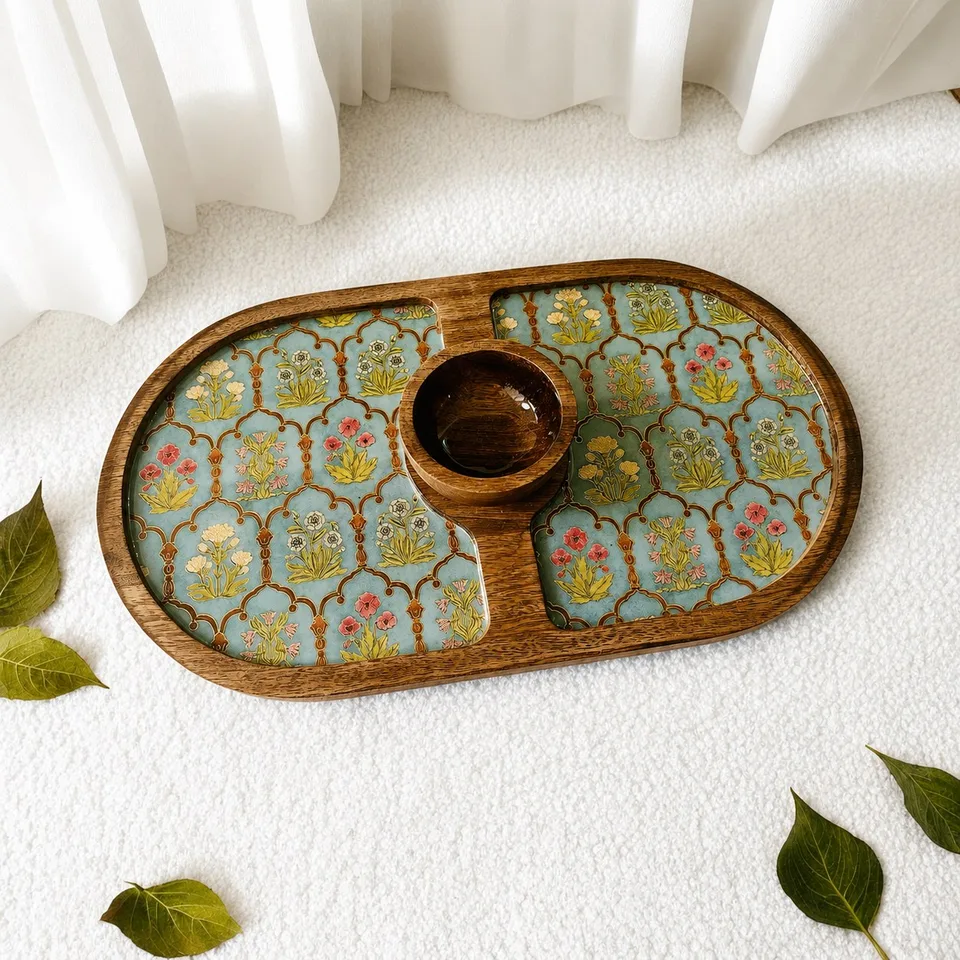 Oval Platter with a Bowl - Green & Gold