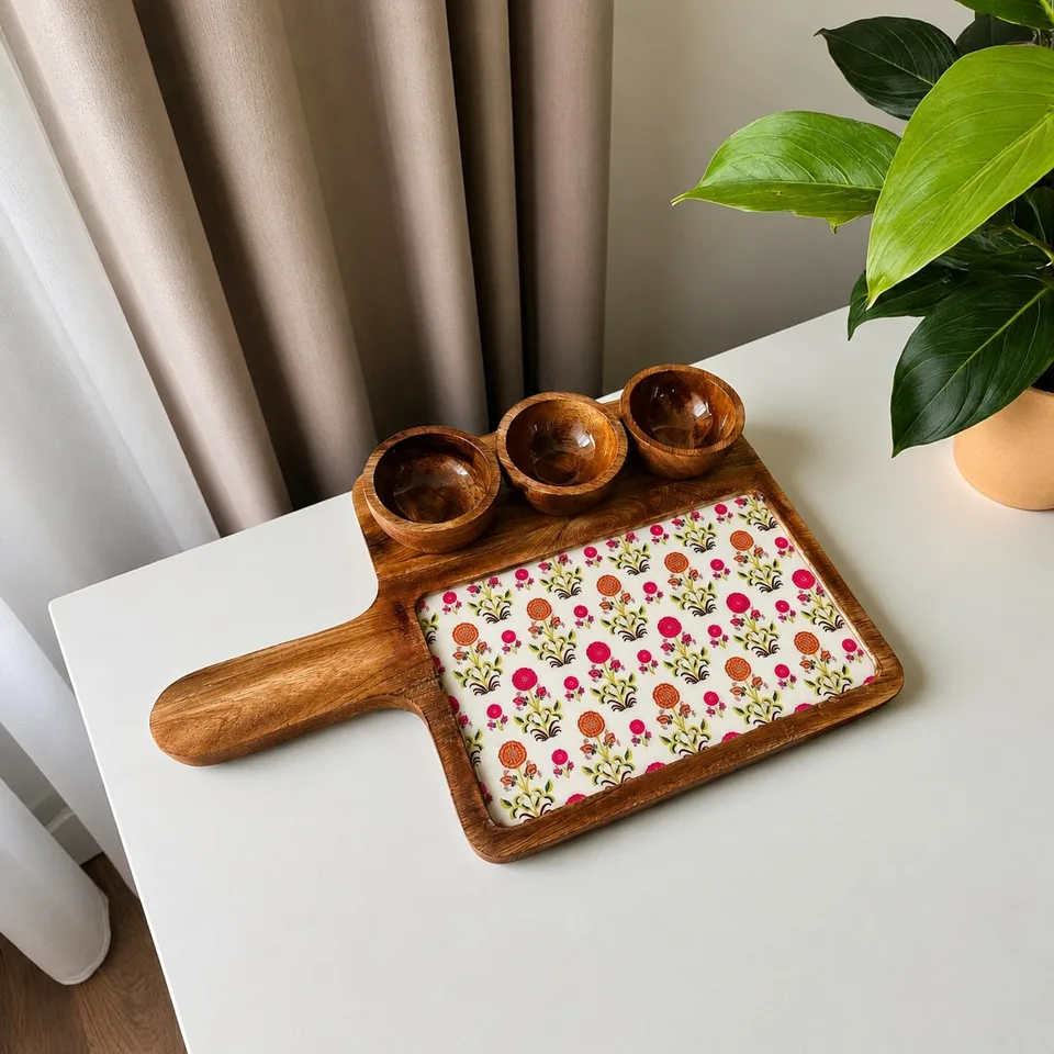 Rectangle Platter with 3 bowls - Pink & Yellow flowers