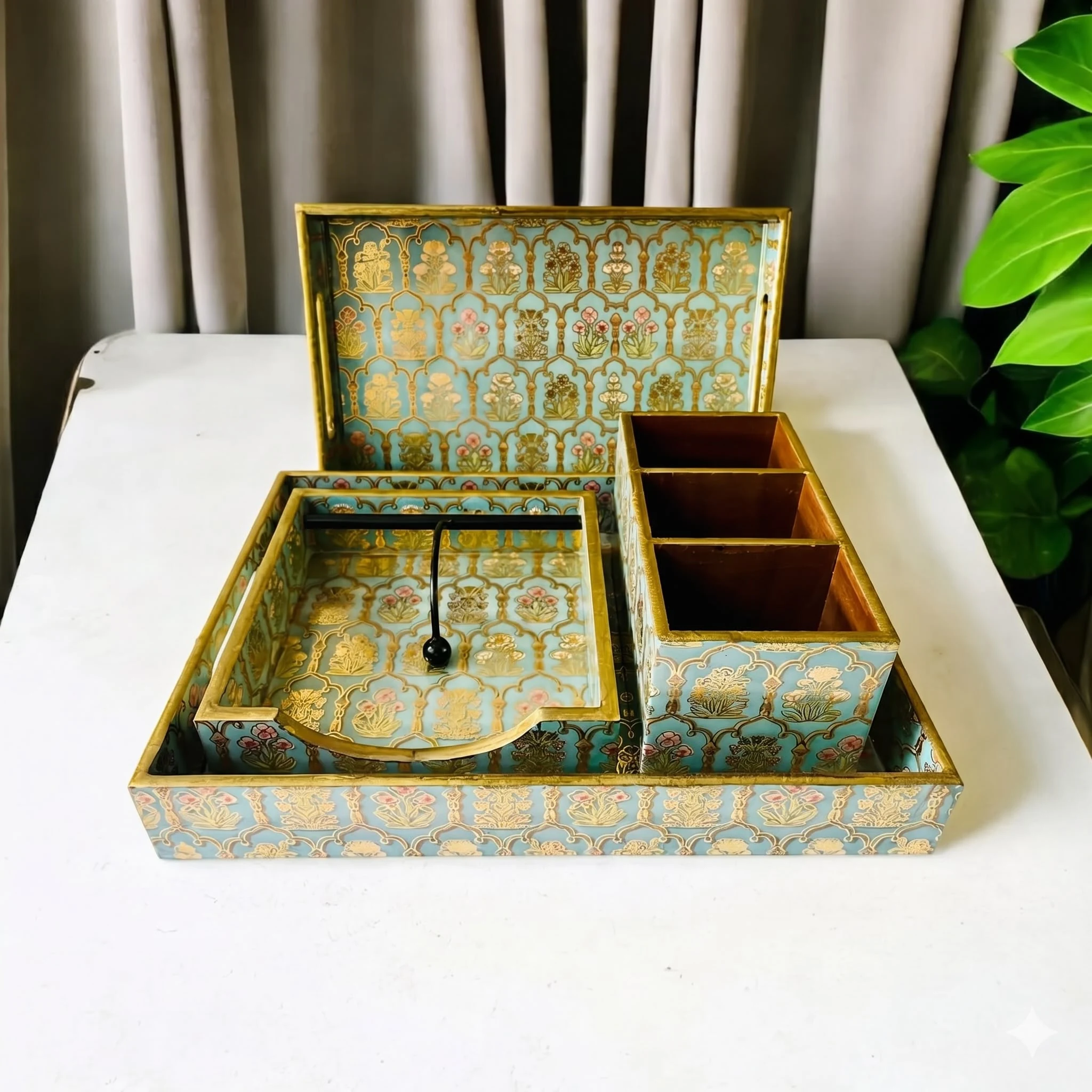 Dining Table essentials with 2 Trays, 1 cutlery holder and 1 Napkin holder - Green & Gold
