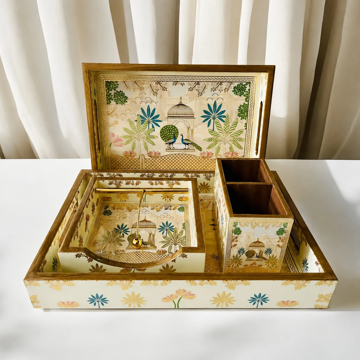 Dining Table essentials with 2 Trays, 1 cutlery holder and 1 Napkin holder - Peacock