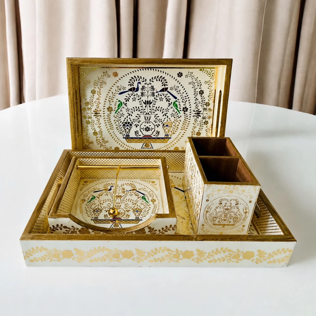 Dining Table essentials with 2 Trays, 1 cutlery holder and 1 Napkin holder - Twin Peacocks & Parrots