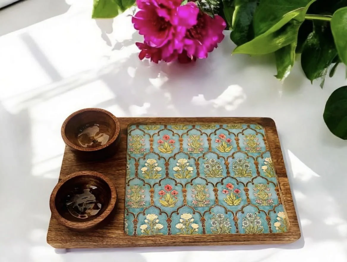 Rectangle Platter with 2 bowls - Green with Gold foil