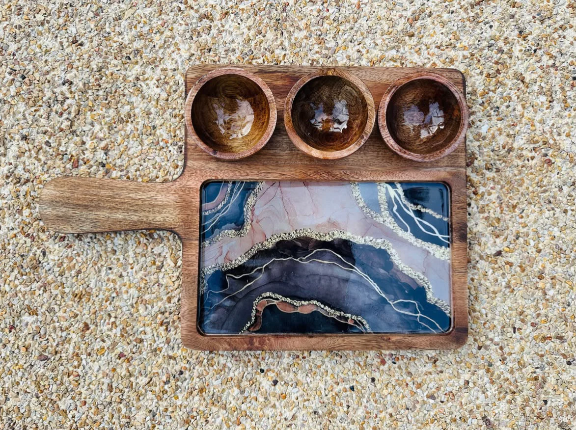 Rectangle Platter with 3 bowls - Marble